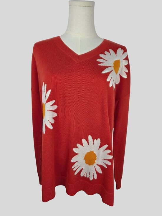 Laurie Felt Daisy Print V-Neck Orange Sweater Tunic Small Flower Power 70s Retro - Picture 2 of 12